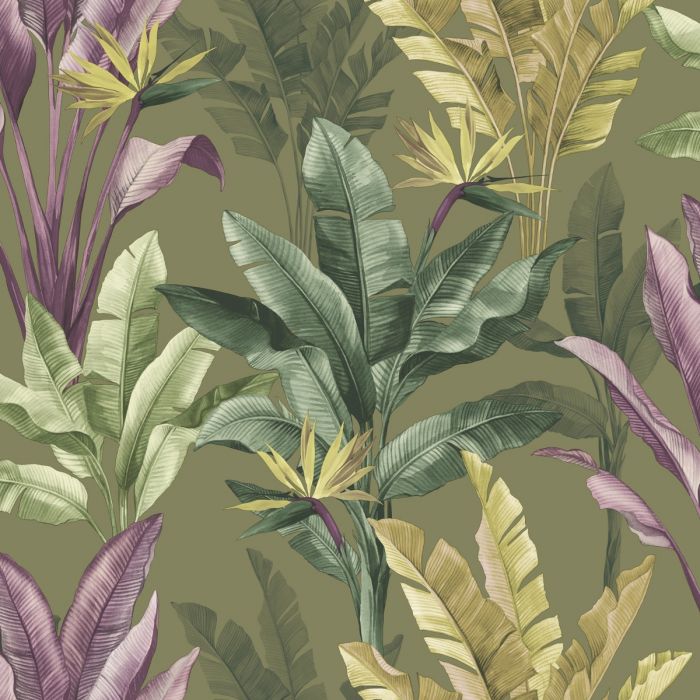 Обои Akari Madagascar Leaf Olive / Purple Rasch 282886