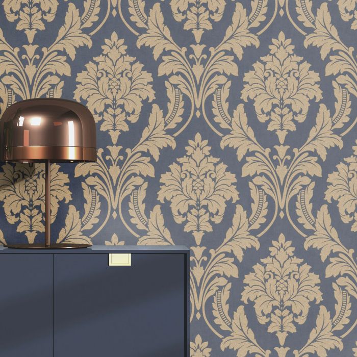 Glam Shimmering Damask Wallpaper Navy-Antique Gold Rasch 541649