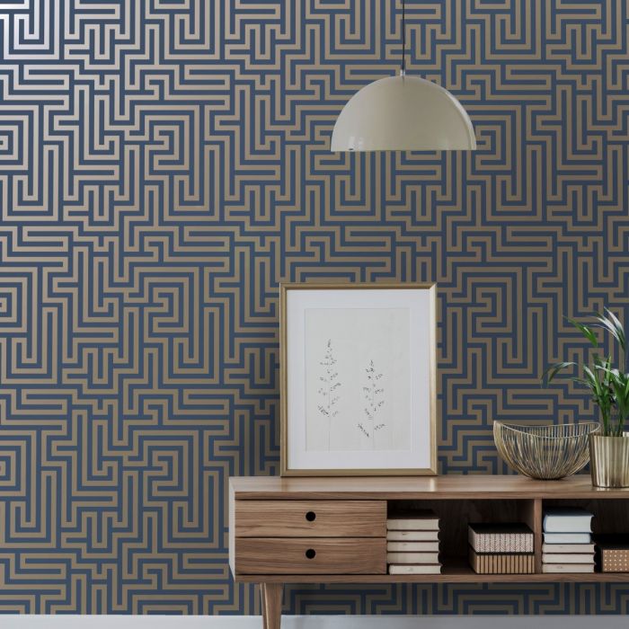 Glistening Maze Wallpaper Navy / Gold Holden 12913