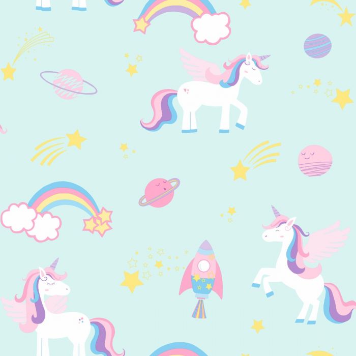 Over the Rainbow Unicorns and Rockets Wallpaper Teal Holden 90962